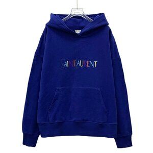 EW0042 Saint Laurent Dark Blue Letter Printed Cotton Hooded Long Sleeve Sweatshi